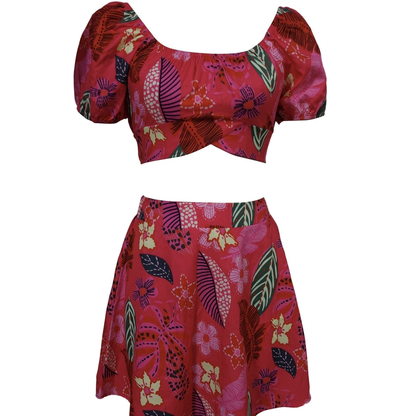 Ladies' Contrasting Flower Print Bubble Sleeves With Exposed Navel Short Top, Pleated Short Skirt Set CJ US
