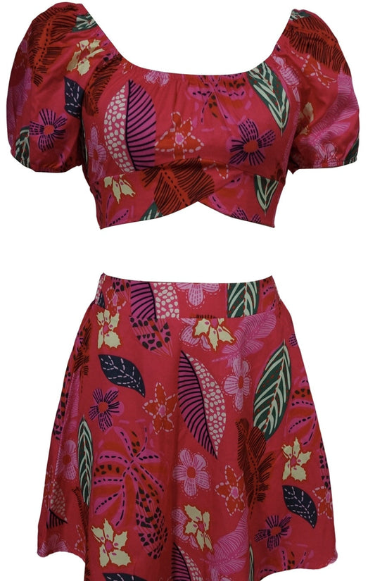 Flower Print Bubble Sleeves With Exposed Navel Short Top, Pleated Short Skirt Set CJ US
