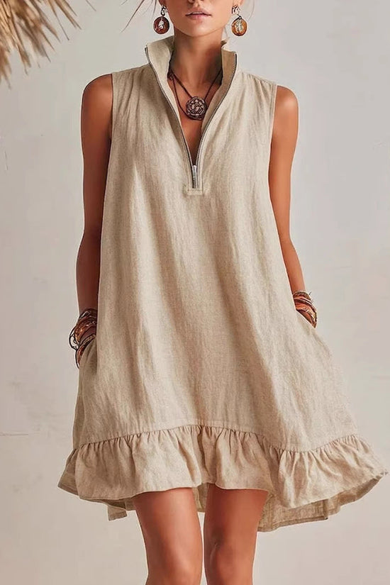 New Stylish Casual Loose Half-Zip Sleeveless Dress With Ruffle Hem 