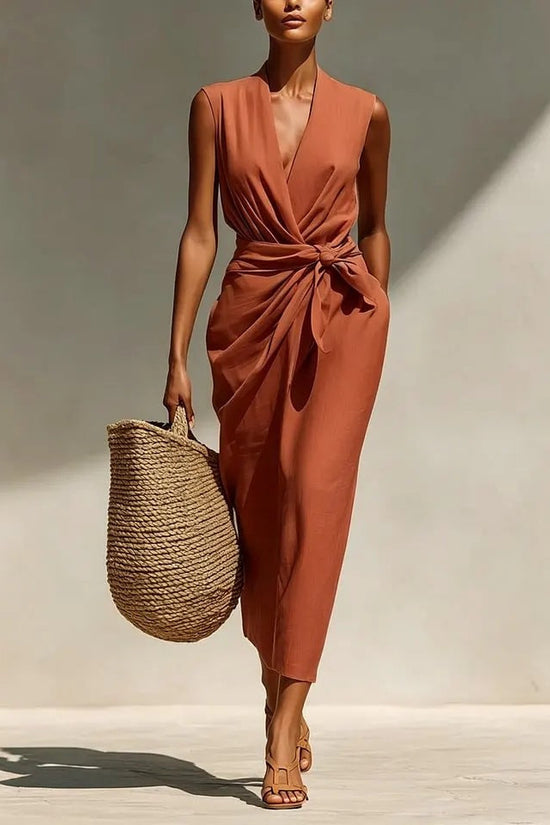 Solid-color Sleeveless Cotton-linen Feel Midi Dress 