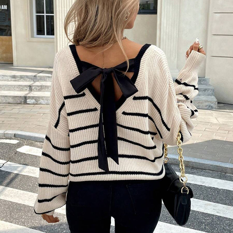 Women's Elegant Striped V-Neck Sweater, Back Tie Bow Detail Loose Fit Pullover For Spring And Fall 