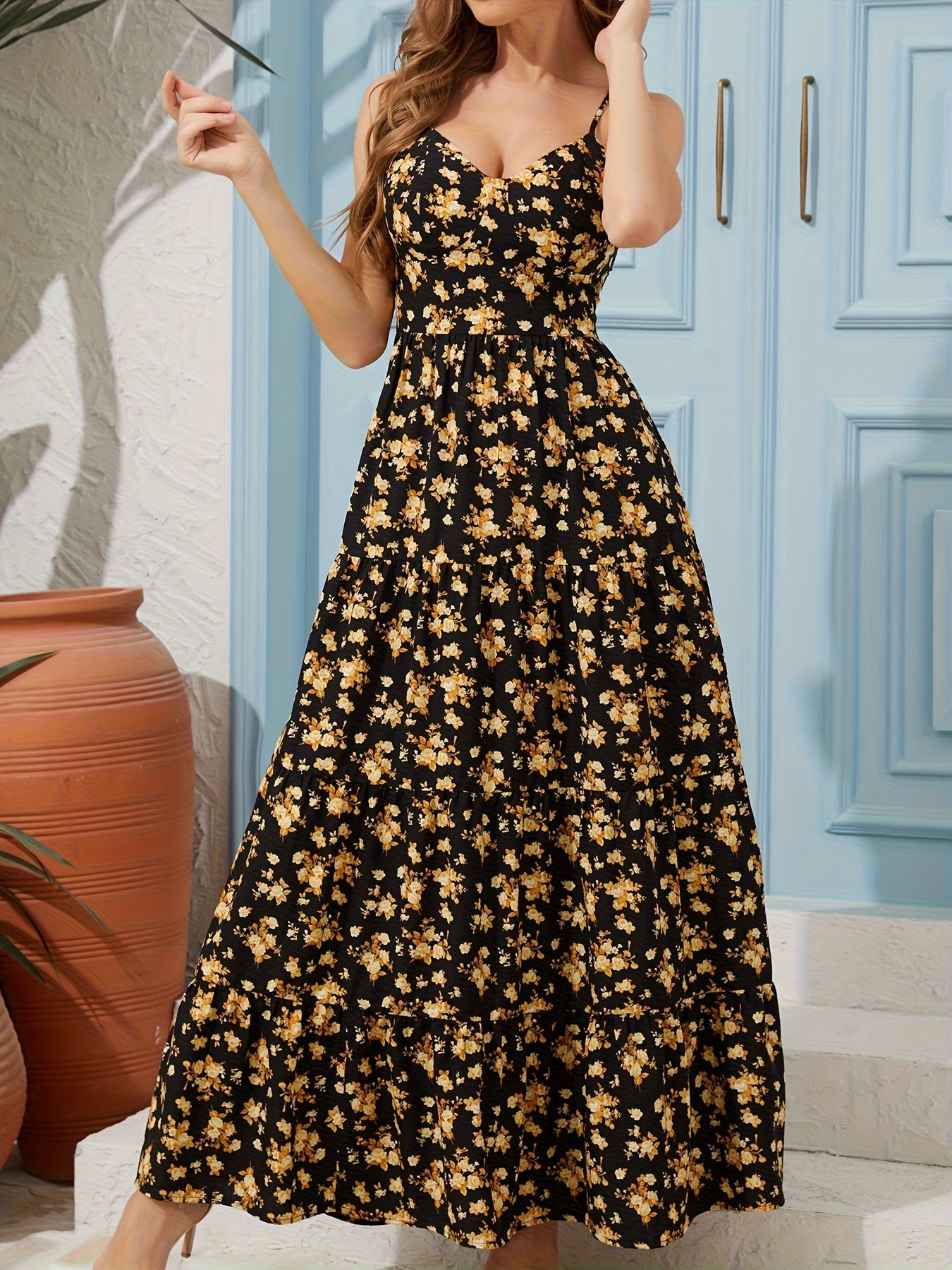 Women's Summer V-Neck Floral Print Strappy Dress - Sexy Backless Bowknot Flowy Maxi Party Dress CJ US