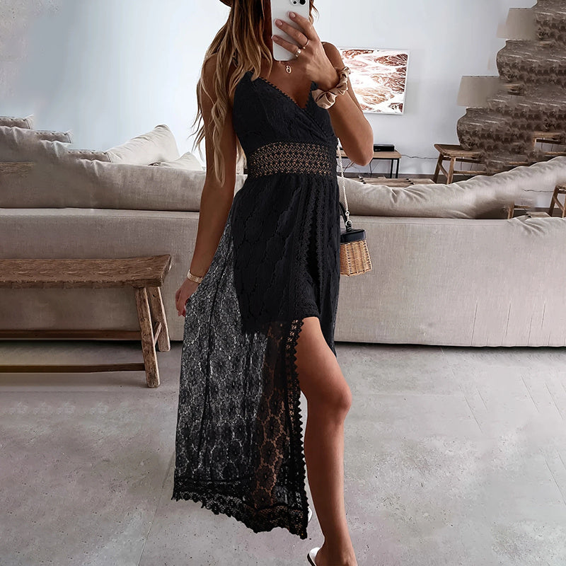 Women's Summer Elegant Lace Jumpsuit - V-Neck Sleeveless Romper With Intricate Detailing CJ US