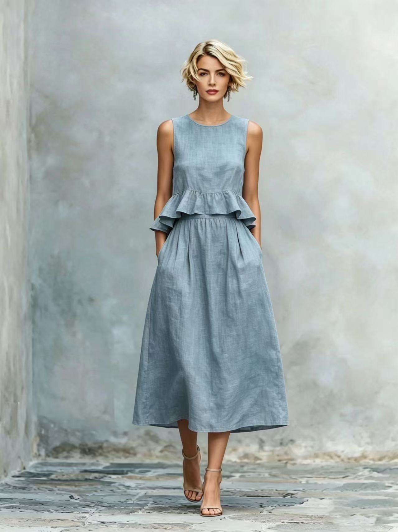 Sleeveless Crew-Neck High-Waisted Ruffle-Trim Resort-Style Dress 