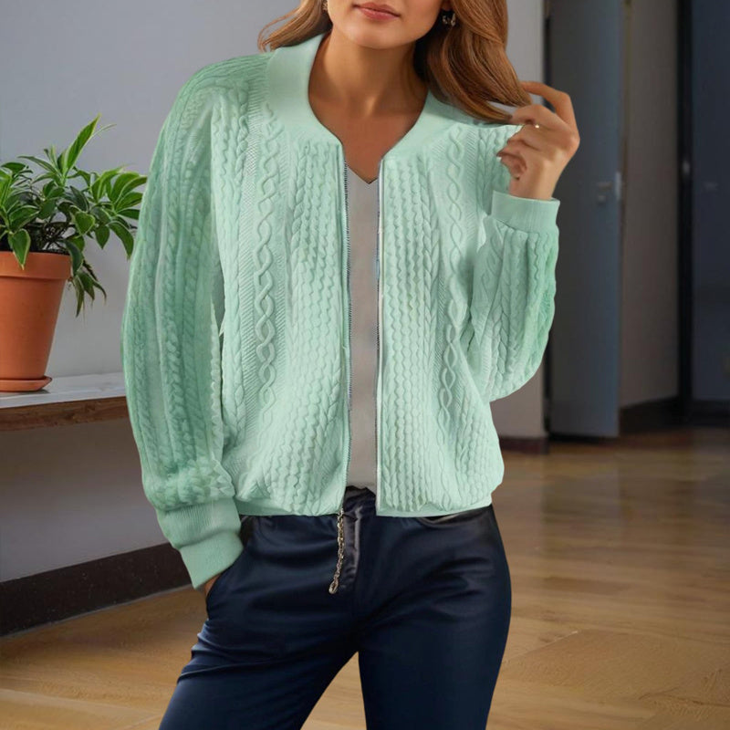 Women's Solid Color Jacquard Short Sleeve Casual Jacket Baseball Collar With Zipper Spring & Fall Lightweight Outerwear CJ US
