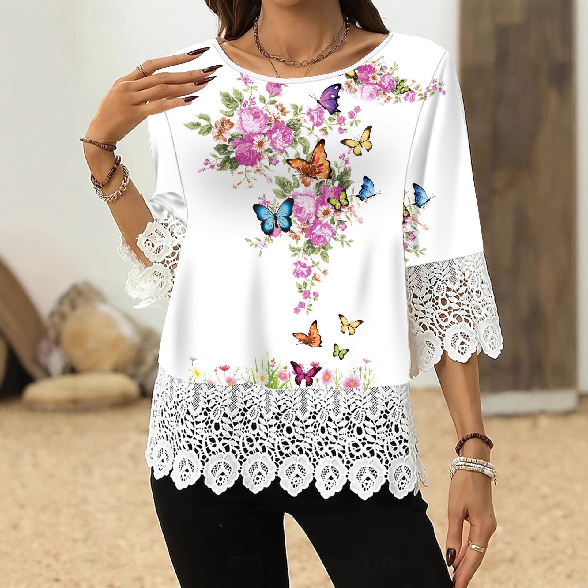 Lace-printed Three-quarter-sleeve T-shirt Top For Women 