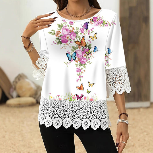 Lace-printed Three-quarter-sleeve T-shirt Top For Women 