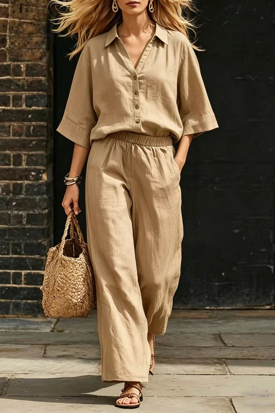 Womens Short-Sleeve Shirt And Loose Pants Two-Piece Set 