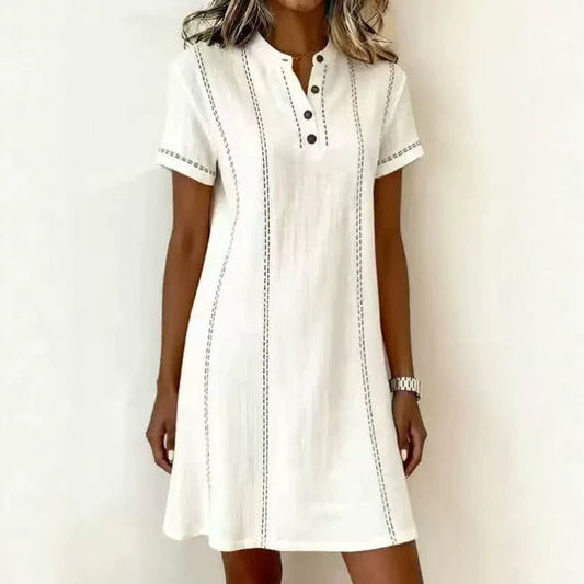 Loose-fitting Casual Printed Button-up Stand-collar Dress 