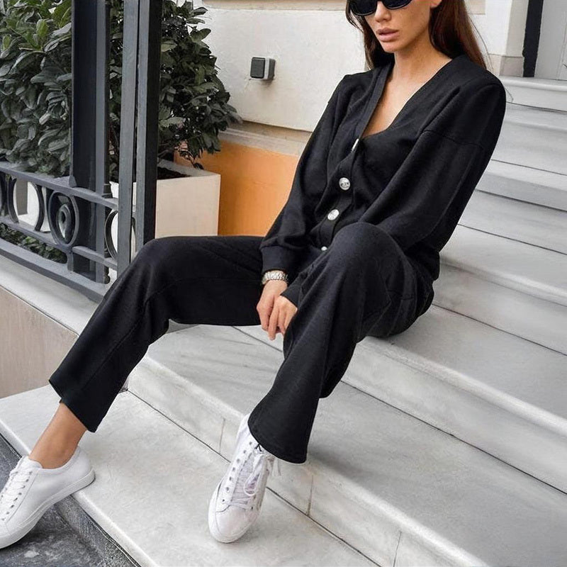Women's Casual Knit Cardigan With Pocket & Drawstring Lounge Pants Solid Color Button Front Coat Fall Winter Loose Fit 2-Piece Outfit CJ US
