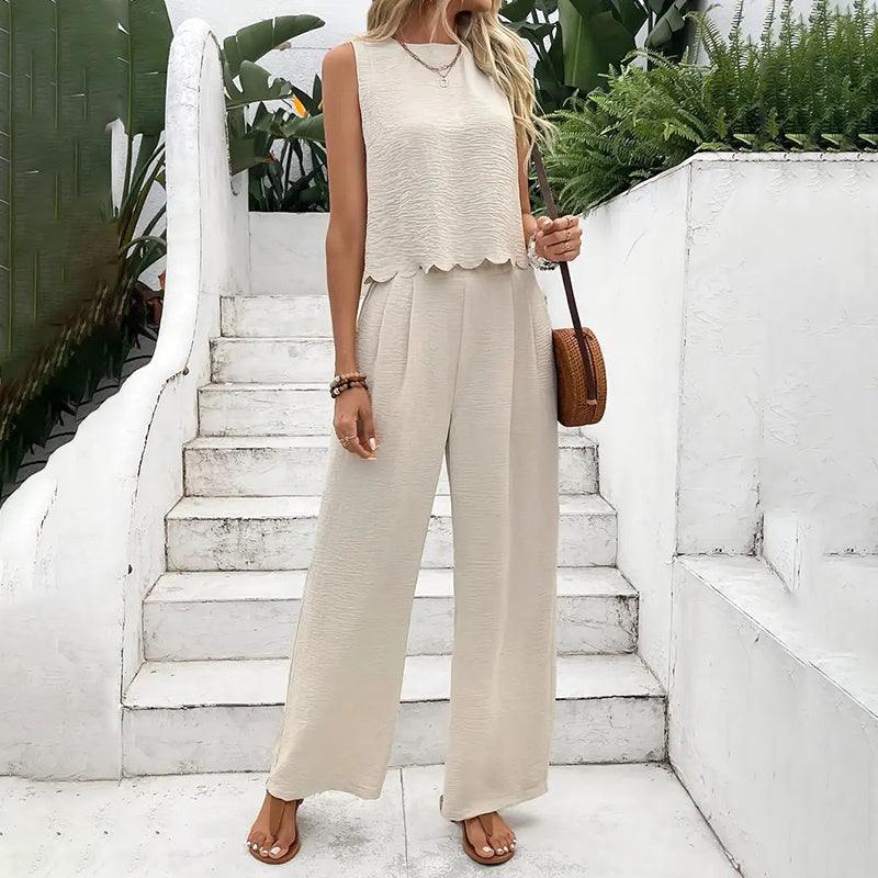 Women's Elegant 2-Piece Matching Set, Sleeveless Crop Top And Wide Leg Pants Outfits CJ