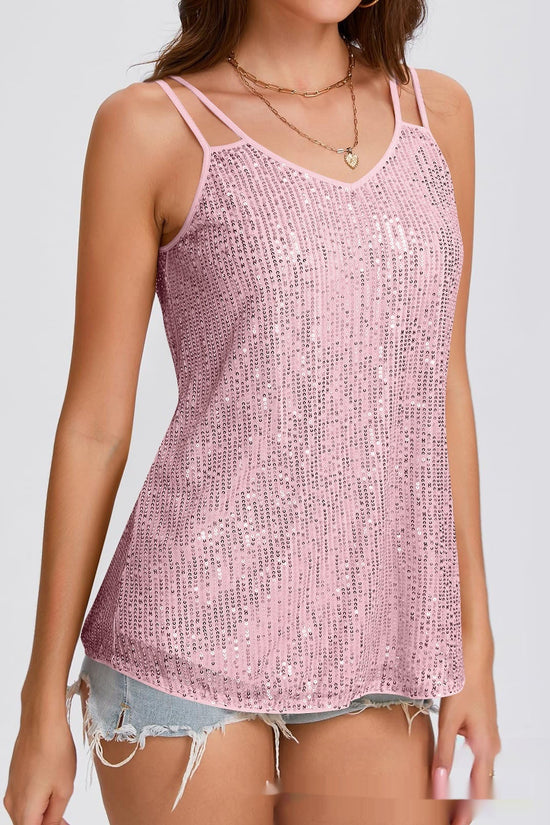 Sequin V-Neck Camisole – Rhinestone Strap Sparkly Top 