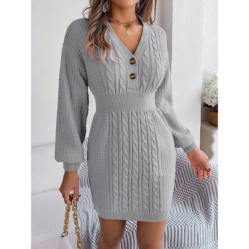 Women's Cable Knit Sweater Dress - V-Neck Button Front Lantern Sleeve Bodycon Mini Dress With Elastic Waist For Fall CJ US