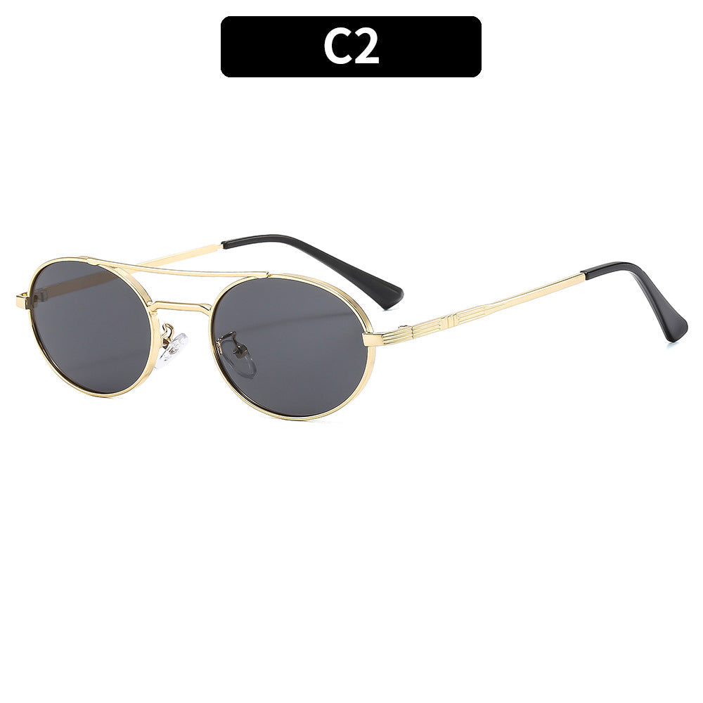 Retro Oval Fashionable Dual-Beam Metal Sunglasses For Sun Protection 