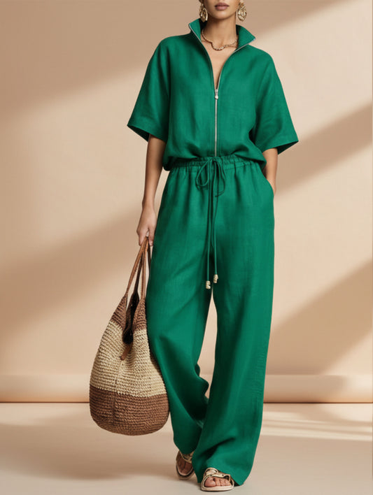 Womens Casual Loose Solid-Color Zip-Up Crew-Neck Wide-Leg Pants Set 