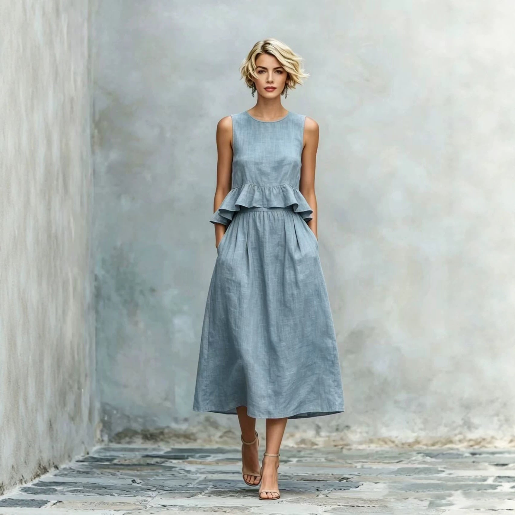 Sleeveless Crew-Neck High-Waisted Ruffle-Trim Resort-Style Dress 