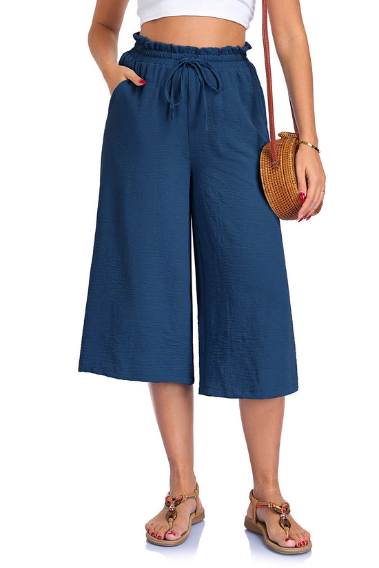 Women's Solid Color All-Match Elastic Cropped Pants Loose Wide-Leg Trousers 