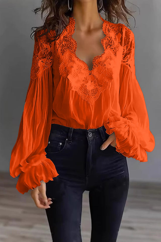Lace-panelled Ruffled Puff-sleeve Pleated Shirt 