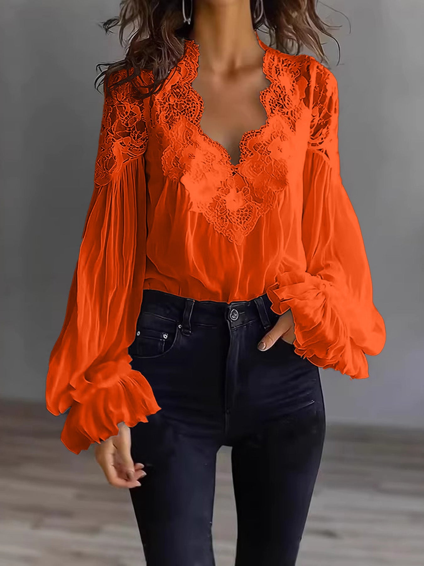 Lace-panelled Ruffled Puff-sleeve Pleated Shirt 