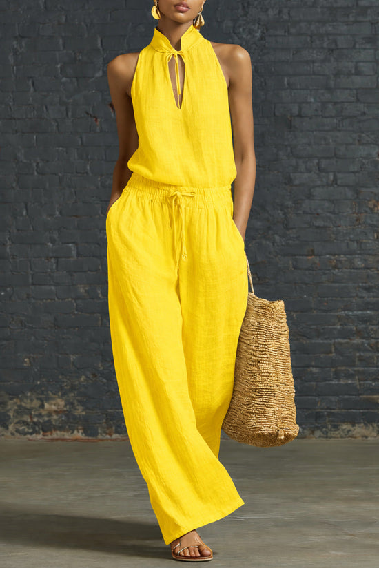Urban-style Cotton And Linen Top And Wide-leg Pants Set 