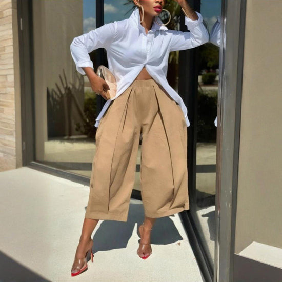 Women's Solid Color Cotton Wide Leg Cropped Pants With Pleats & Pockets - Spring Summer Fashion Comfortable Loose Trousers CJ US