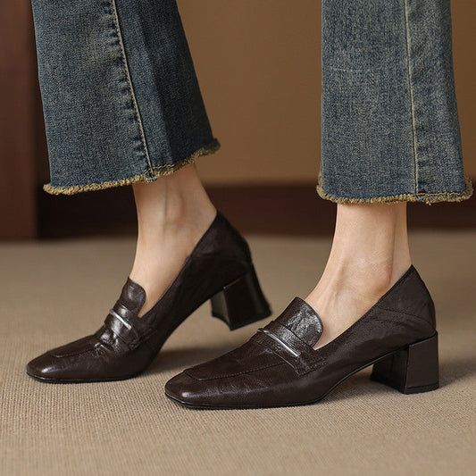 Womens Solid-color Square-toe Chunky-heel Sheepskin High Heels 