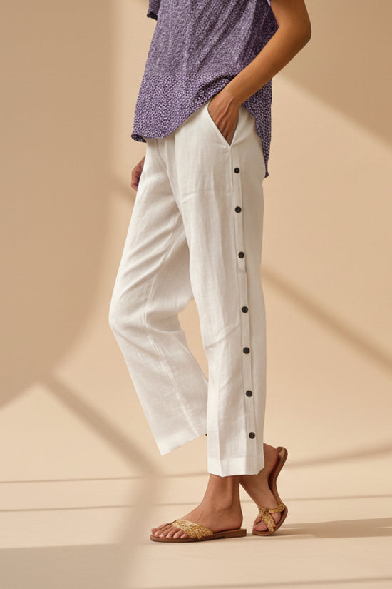 Cropped Pants With Decorative Buttons Along The Side Seams 