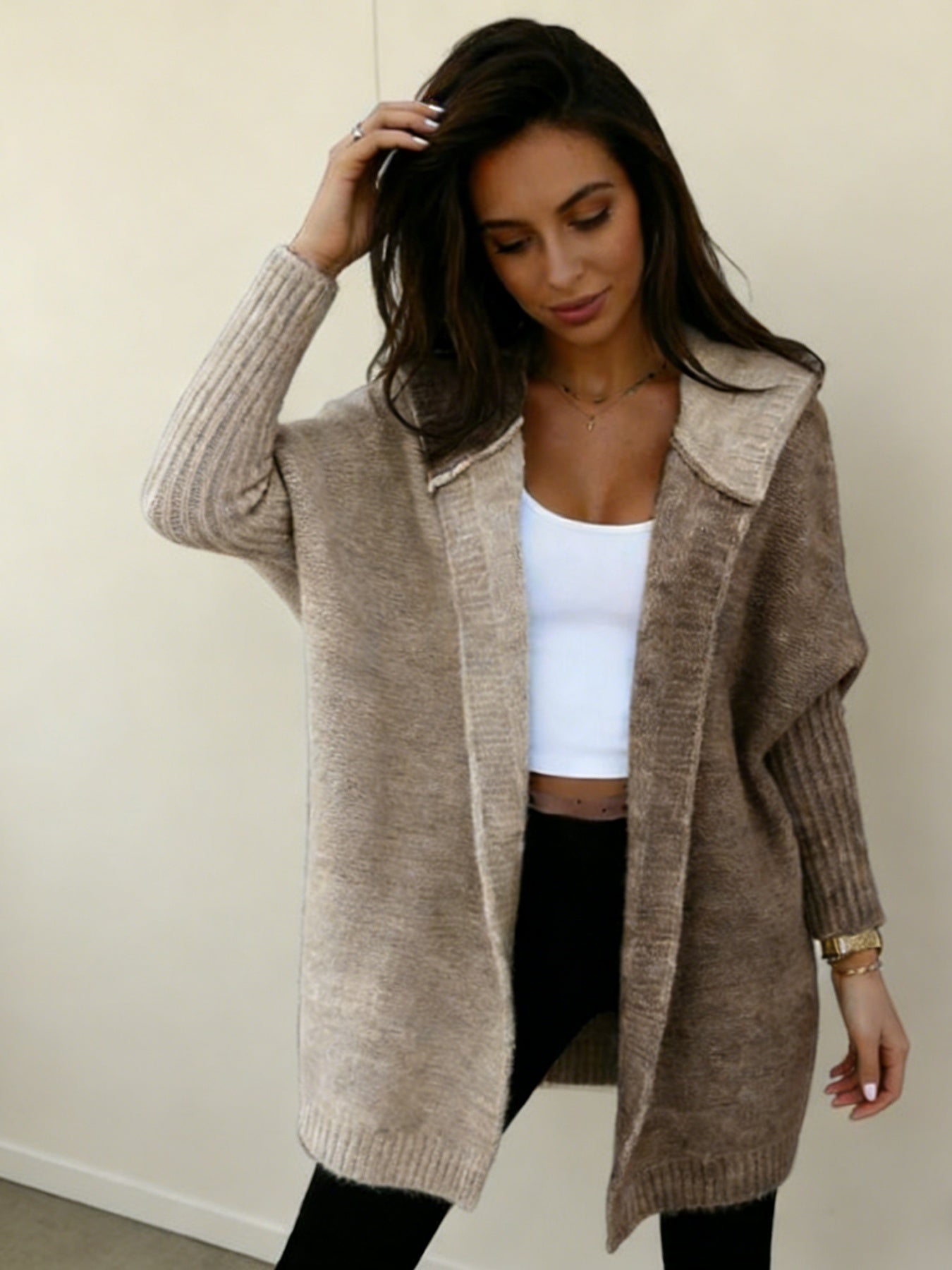 Women’s Color Block Hooded Knitted Cardigan – Plus Size Mid-Length Sweater Coat - FitiqueFit