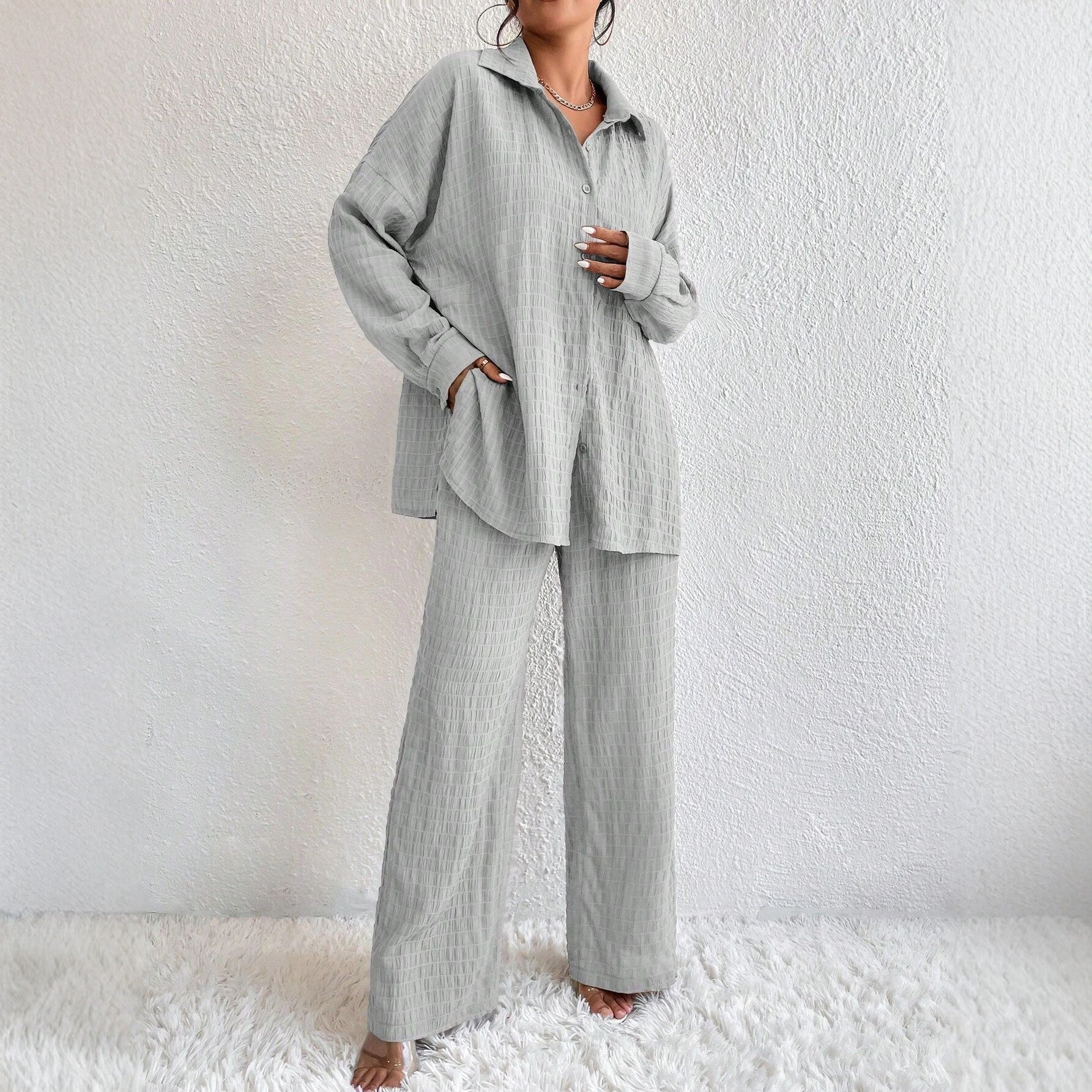 Summer New European And American Style Pleated Long-Sleeve Lapel Loose Two-Piece Set 