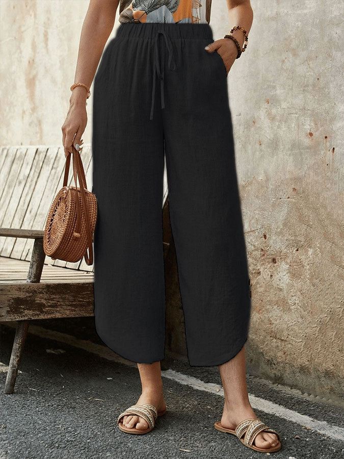 Cotton And Linen Drawstring Cropped Loose Pockets Casual Pants FitiqueFit