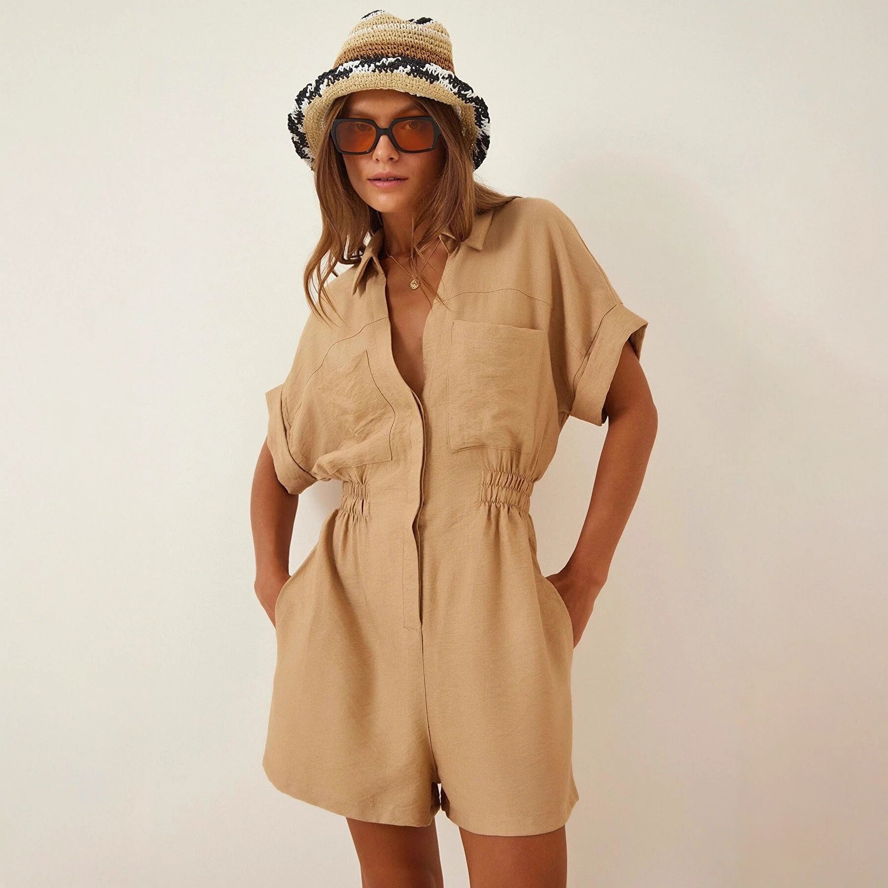 Workwear Jumpsuit Loose-fitting Figure-flattering Made Of Cotton And Linen 