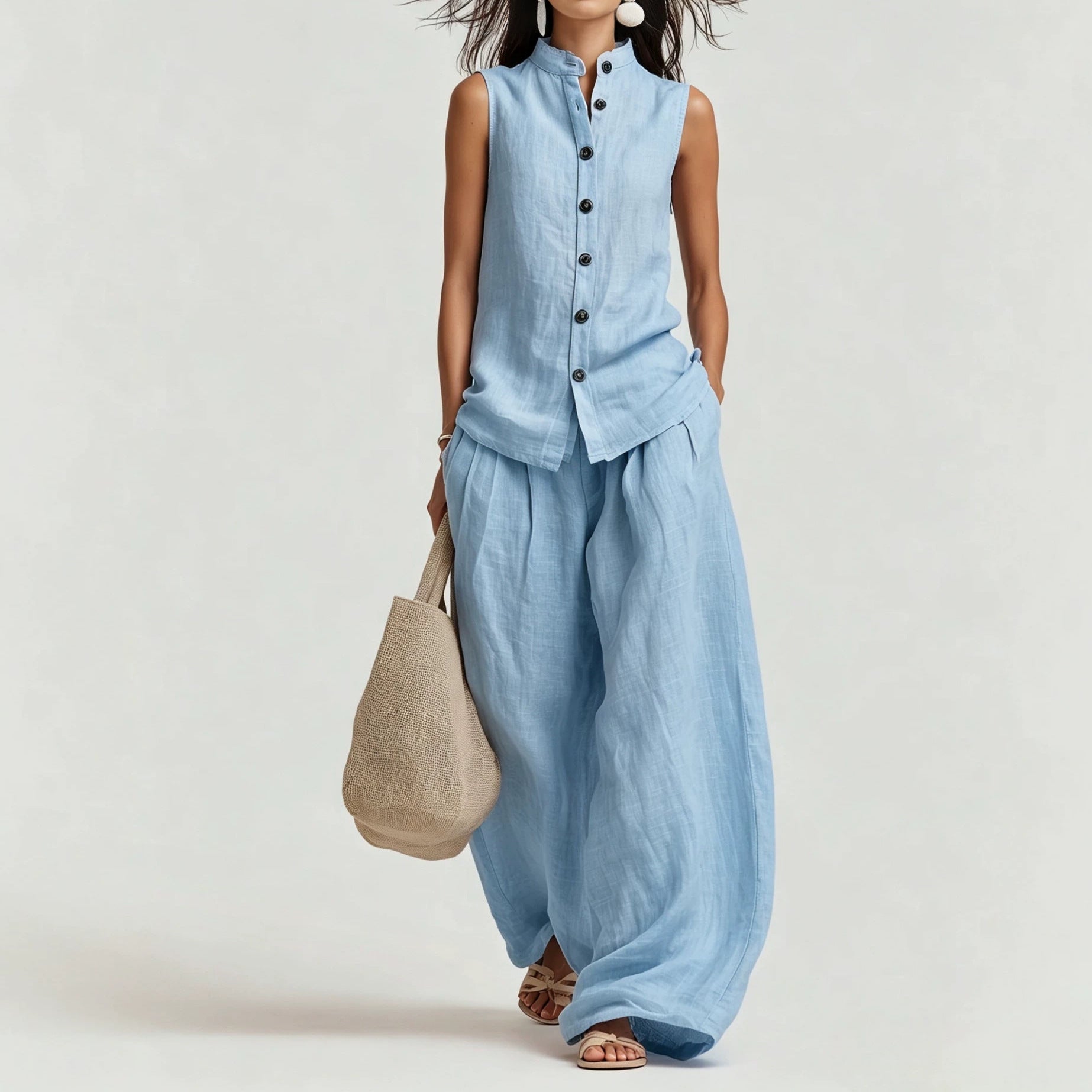 Womens Casual Cotton-Linen Sleeveless Crew-Neck Vest Top And Pants Two-Piece Set 