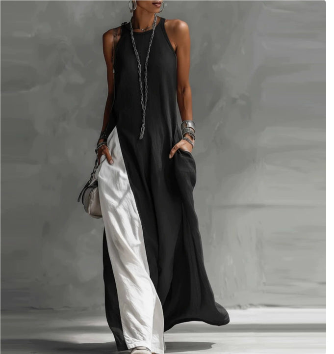 Womens Sleeveless Loose-Fit Color-Block Casual Off-Shoulder Dress With Pockets 