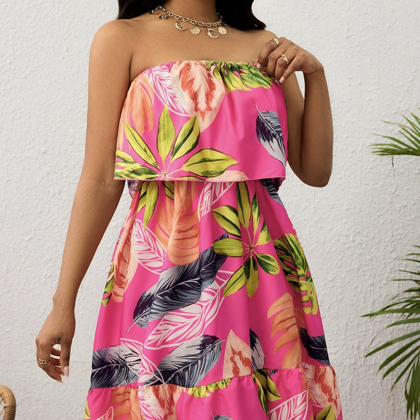 Ladies' New Fashionable Tropical Print Vacation Style Strapless Off Shoulder Skirt With Pleated Fungus Edge Design Dress CJ US