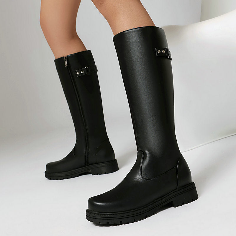 Womens Retro British-Style Leather Belt-Buckle Riding Boots 