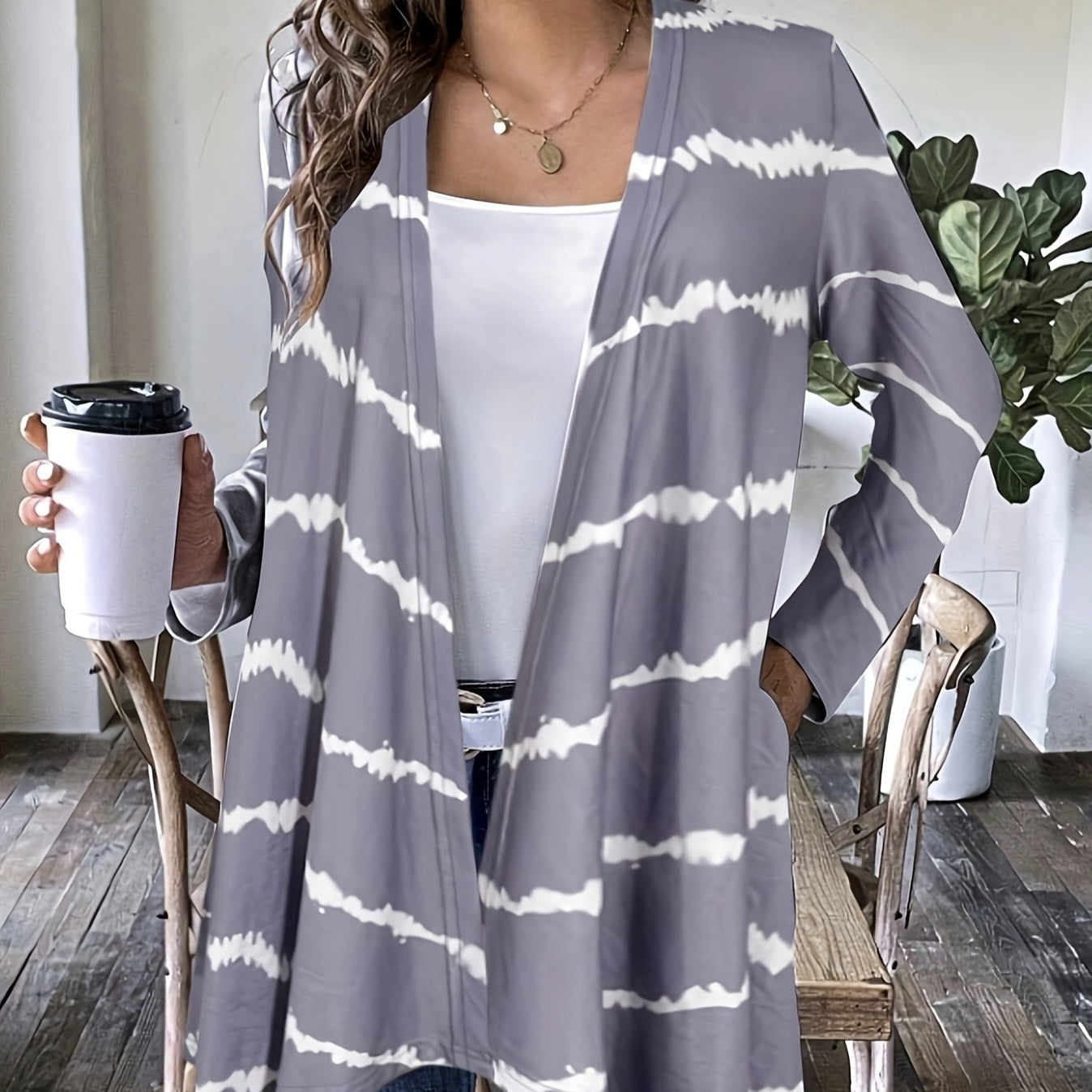 Ladies' Printed Buttonless Open Top Fashionable Versatile Vacation Jacket Top CJ US