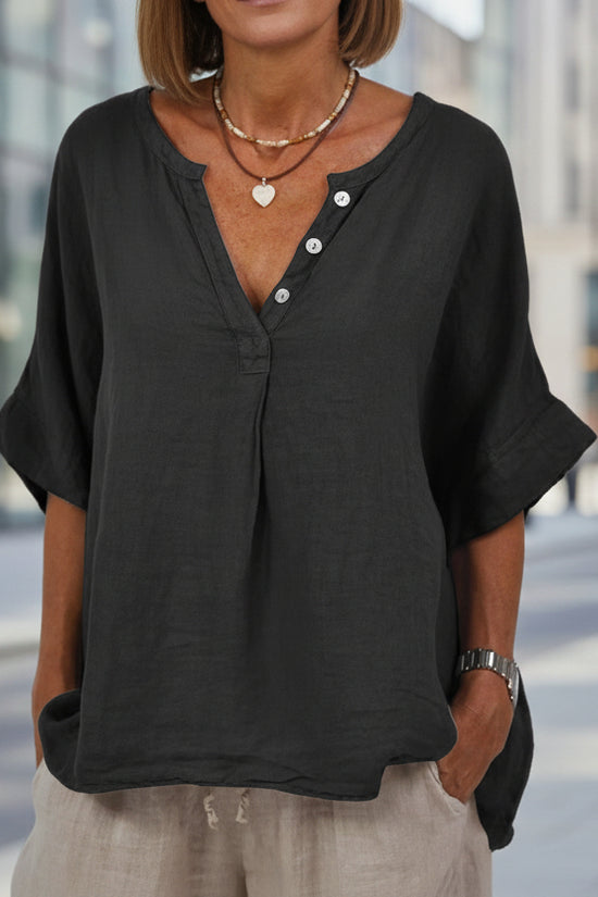 Cotton-linen Solid-color Door-cuff V-neck Button-up Shirt 