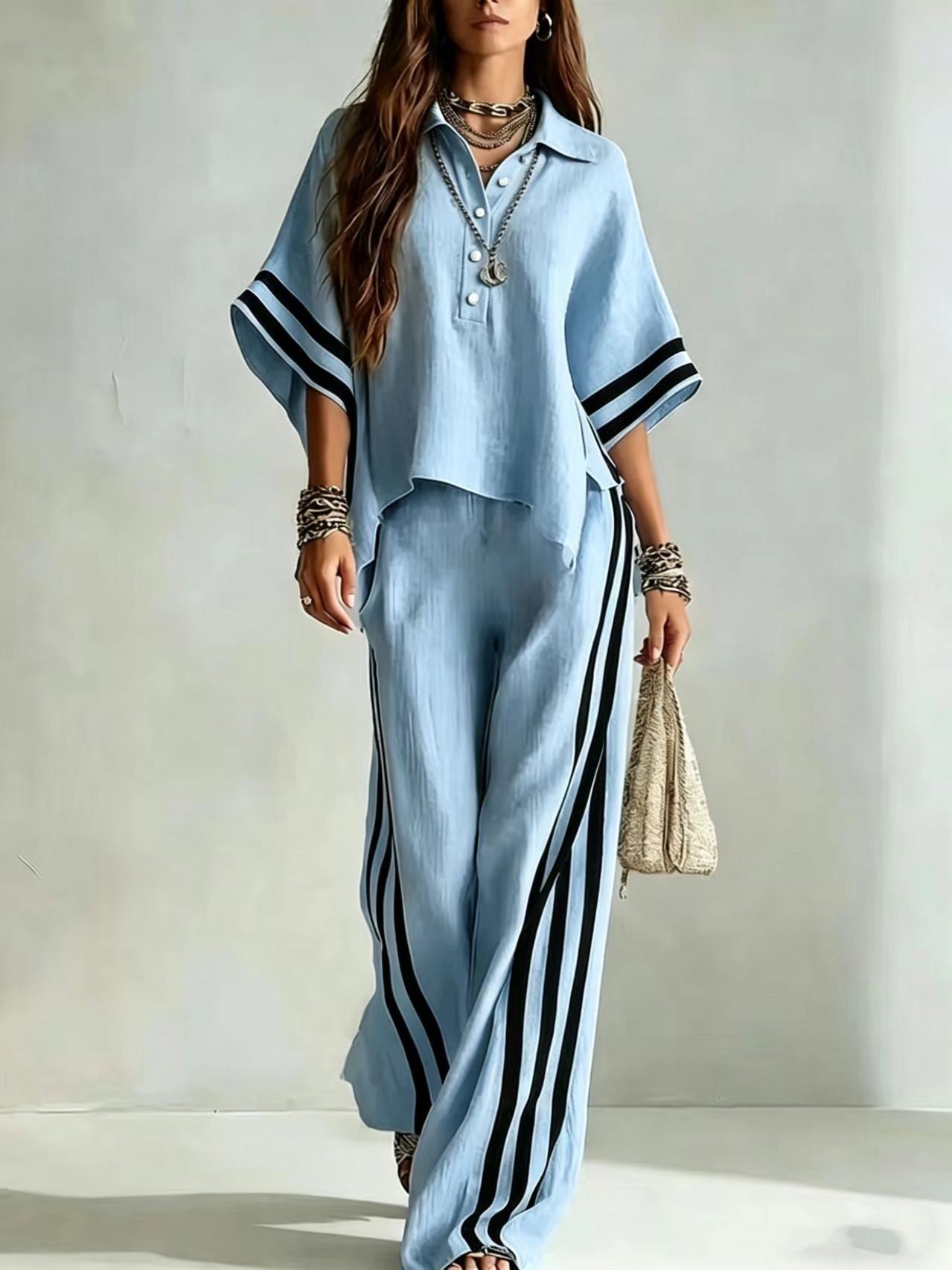 Womens Clothing Short-Sleeve Shirt And Loose Pants Two-Piece Set 