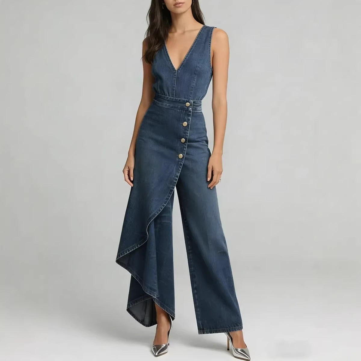 Western-style V-neck Asymmetrical Denim Jumpsuit 