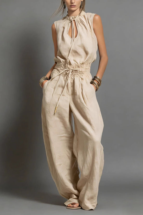 Personalized Street-style Loose-fitting Sleeveless Waist-cinching Wide-leg Jumpsuit 