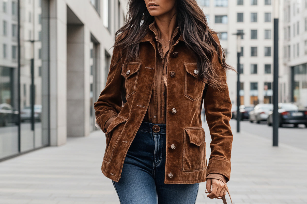 Women's Retro Suede Multi-Pocket Lapel Shirt Brown Short Jacket 