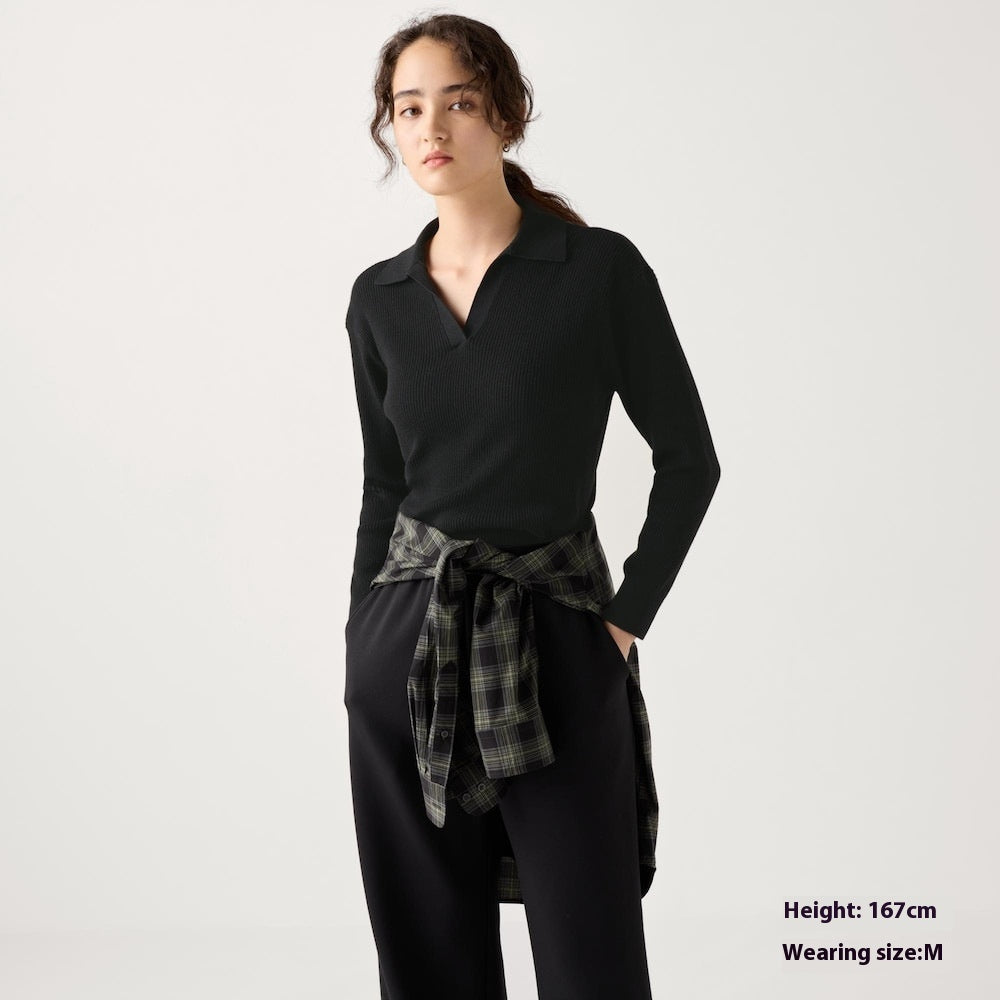 Women's Machine Washable Rib Half-open Collar Sweater CJ