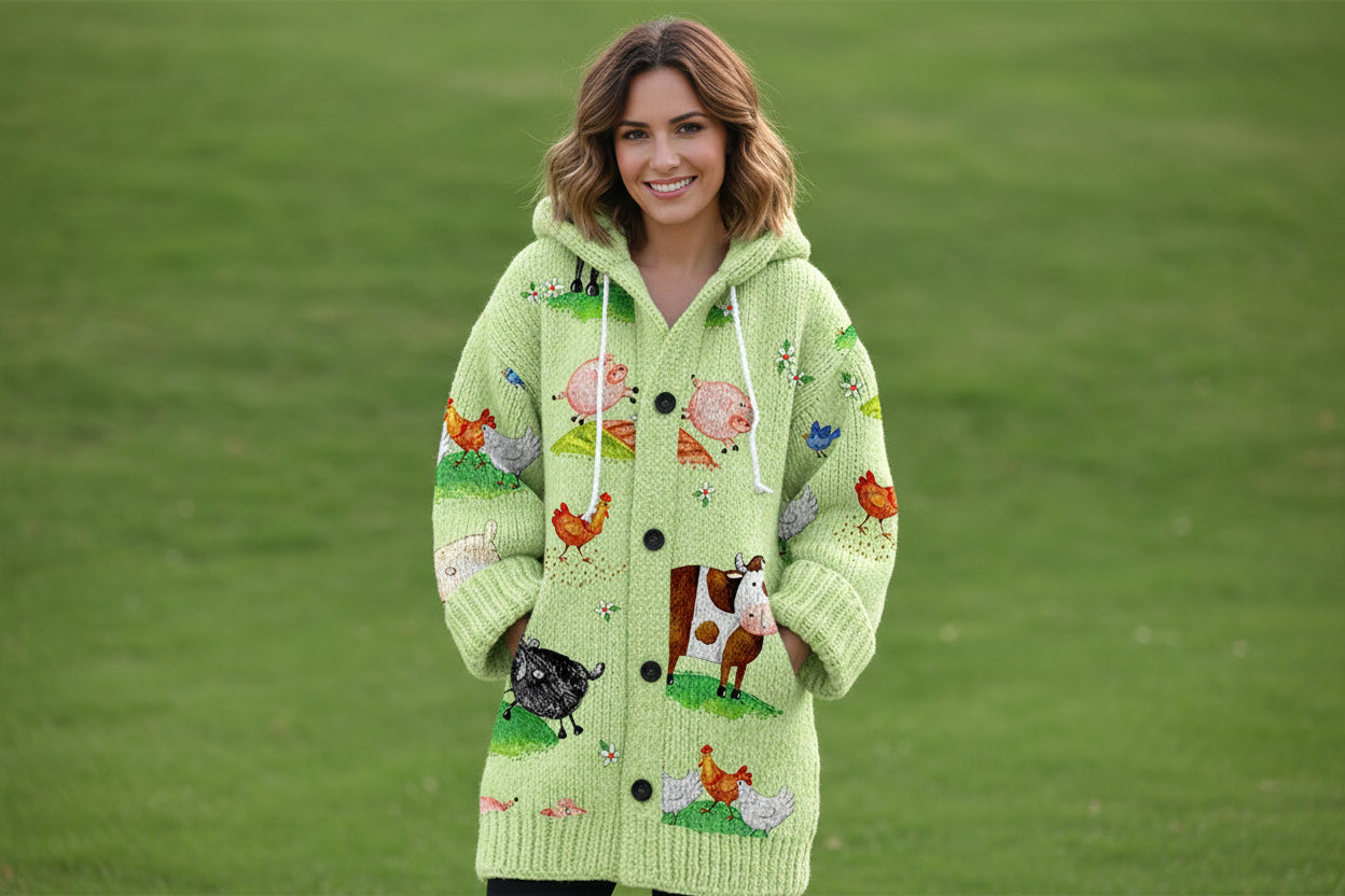 Loose Linen Floral Cardigan Retro-style Loose Hooded Knit Top 