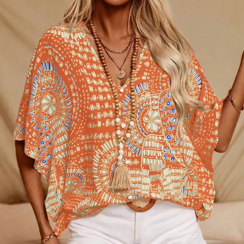Women's V-Neck Mandala Print Blouse Short Batwing Sleeve Casual Vacation Top CJ US