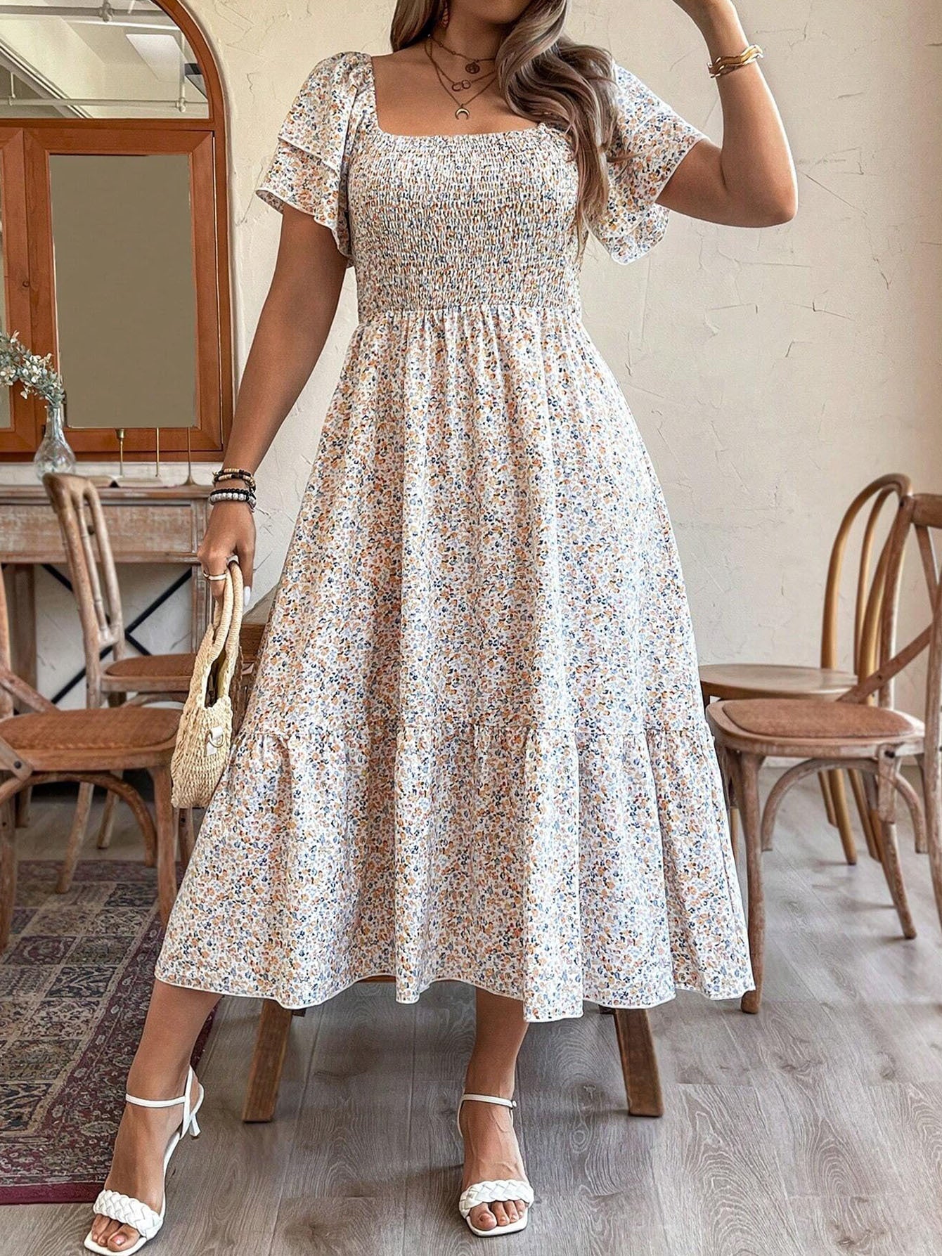 Women's Plus Size Backless Midi Dress For Summer Party - Elegant Pleated Printed Dress CJ US
