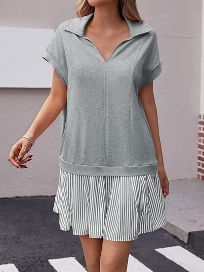 Fisoew Womens Summer Mini Dress Casual Patchwork Short Sleeve Polo V Neck Striped Dresses With Pockets CJ US