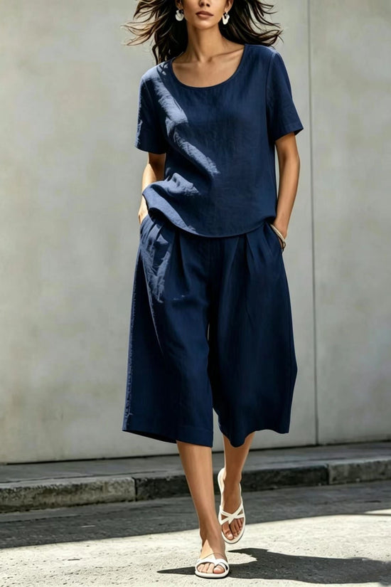 Cotton-linen Casual Loose-fitting Short-sleeve Top And Shorts Set 