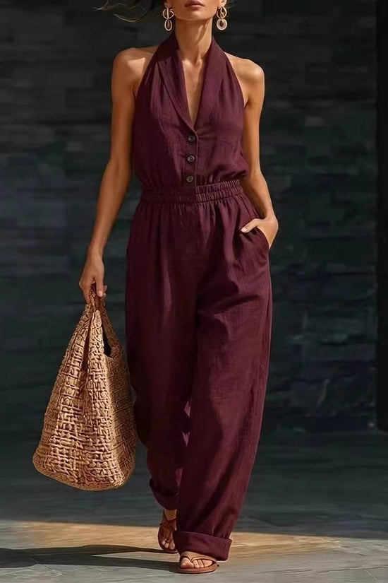 Fashionable Solid-Color Slimming V-Neck Jumpsuit 