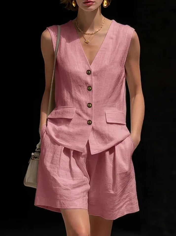 Womens Simple Elegant Cotton-Linen Vest Top And Shorts Two-Piece Set 