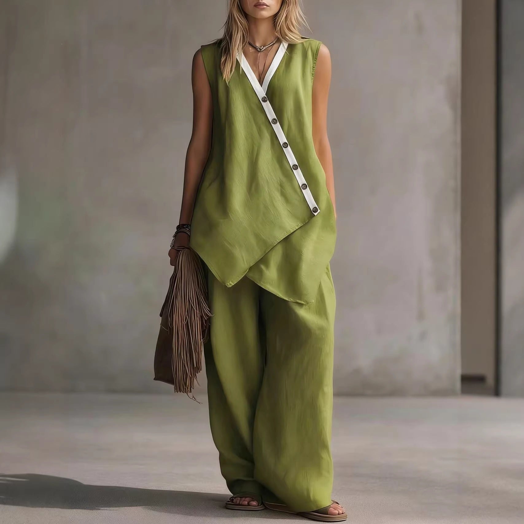Bohemian Solid-Colored V-Neck Irregular-Button Vest And Wide-Leg Pants Set 